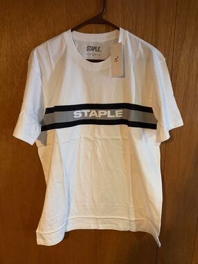 Staple White T-Shirt with Black and Gray Stripes